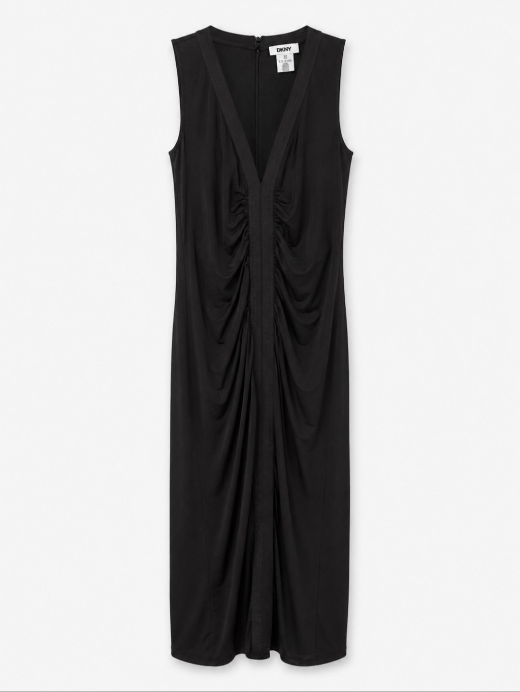 Dkny Black Ruched Midi Dress Sleeveless V-Neck Size 10 Elegant Sheath Stretch